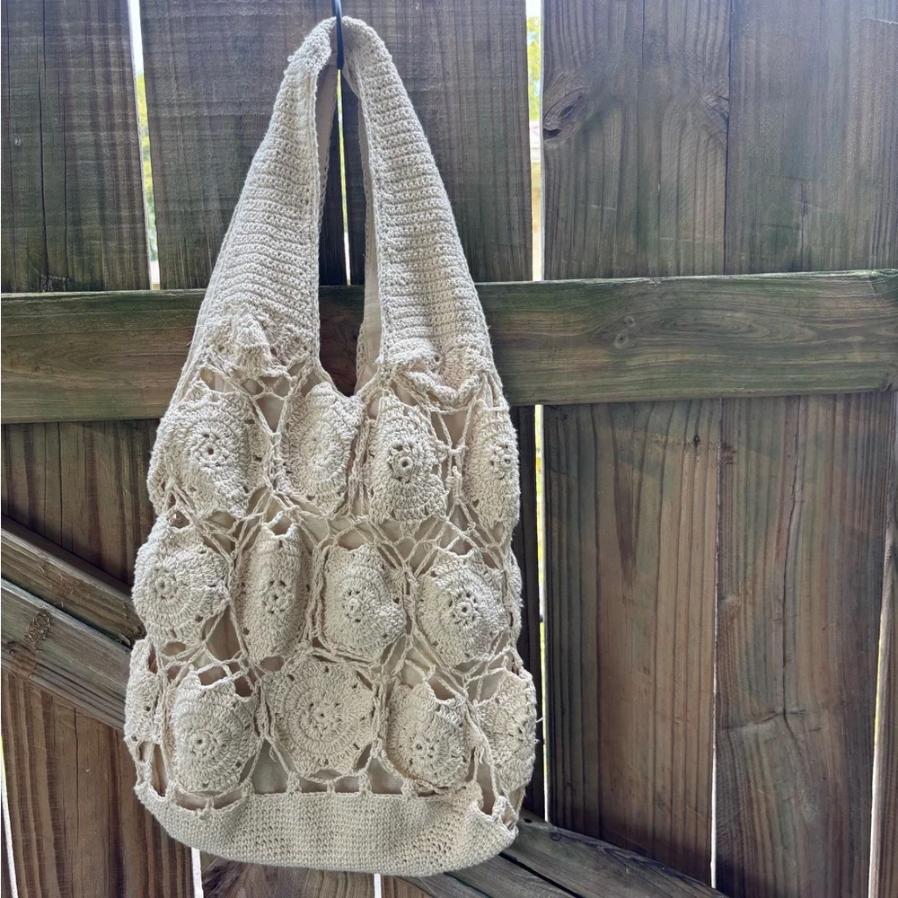 Granny Squares Crochet Fully Lined Ivory Tote Shoulder Bag - Picture 7 of 8
